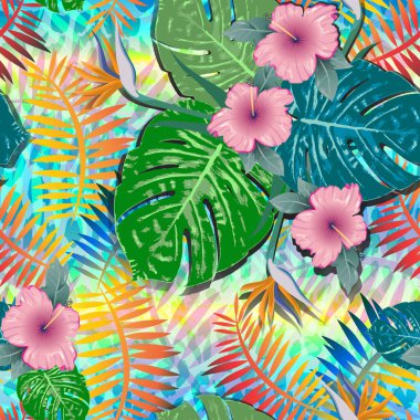 Canavar tropikal yaprak vektör çizimi. Yaz baskısı. Vektör bayrağı. Mürekkep çizgisi tasarımı. Kusursuz Desen.