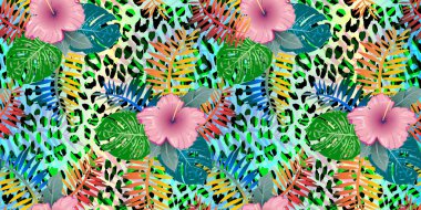 Canavar tropikal yaprak vektör çizimi. Vektör bayrağı. Kusursuz Desen.