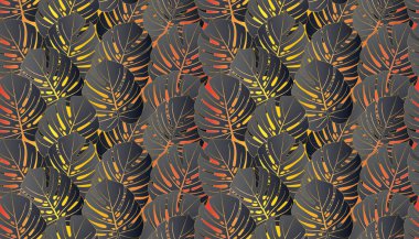 Canavar tropikal yaprak vektör çizimi. Yaz baskısı. Vektör bayrağı. Mürekkep çizgisi tasarımı. Kusursuz Desen.