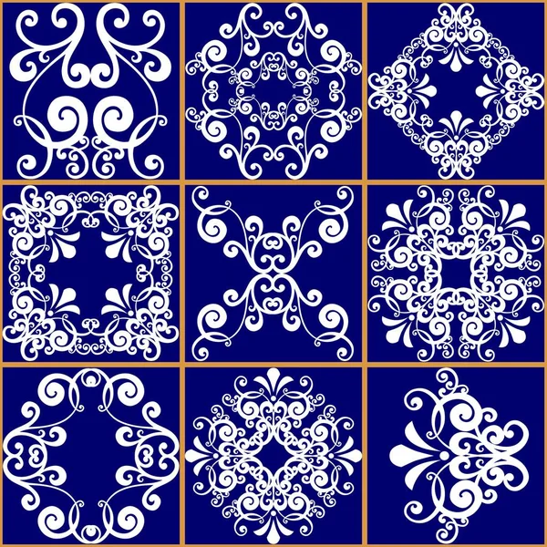 シームレスパッチワークタイル マジョリカ陶器のタイル ポルトガルとスペインの装飾 タラベラスタイルのセラミックタイル ベクトルイラスト 幾何学的装飾と花の装飾と抽象的なシームレスパッチワークパターン — ストックベクタ