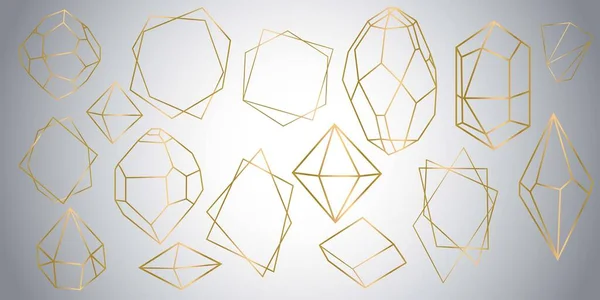 金の豪華なクリスタルダイヤモンドシェイプのベクトルセット カードのためのボーダーコレクション 幾何学プレミアムグリッター背景 ポリゴンモザイク形状アメジスト宝石クォーツ石ラインアートスタイル — ストックベクタ