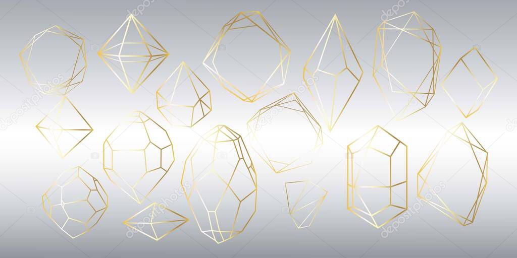 Vector set of golden luxury crystal diamonds shapes.Border Collection for Card.Geometric Premium Glitter Background, Polygon mosaic shape amethyst gem quartz stone line art style