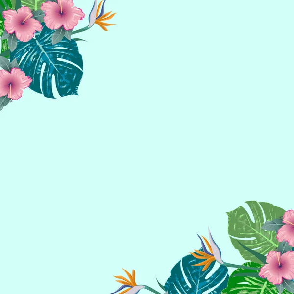 Banner Vectorial Diseño Volante Tropical Verano Con Hojas Palma Monstera — Vector de stock