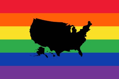 ABD Bayrağı Lgbt toplum vektör illüstrasyonunu destekliyor. Amerika bayrağı. Vektör simgesi. ABD siluet haritası. Tüm eyaletler