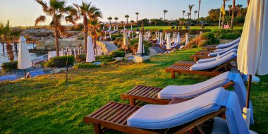 Kıbrıs, Paphos, Lüks tatil beldesi, boş güneş yatakları ve yeşil otelin çimlerinde şemsiyeler. Yüksek kalite fotoğraf