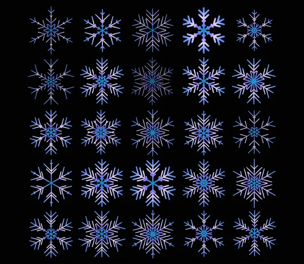 Conjunto de vectores de diferentes copos de nieve sobre fondo negro — Vector de stock