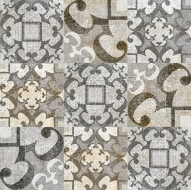 Dijital fayans tasarımı. 3 boyutlu rengarenk seramik duvar döşemeleri dekorasyonu. Soyut damaske desenli geometrik ve çiçekli süsler, eski fayanslar karmaşık detaylar. Yüksek kalite fotoğraf