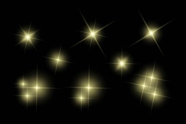 Parıldayan ışıklar, yanıp sönen ışıklar, ışık efektleri, güneş ışığı parıltısı, parıldayan ışınlar, siyah arkaplanda parıldayan yıldız sikonu..