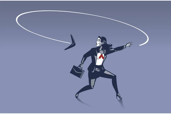 Business Woman Surprised as Boomerang He Throws Goes back to Him from Behind . Business Illustration Concept of Consequences and Karma behind Every Step We Make