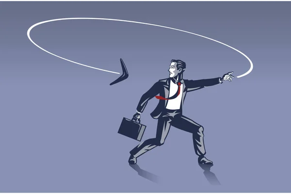 Businessman Surprised as Boomerang He Throws Goes back to Him from Behind . Business Illustration Concept of Consequences and Karma behind Every Step We Make