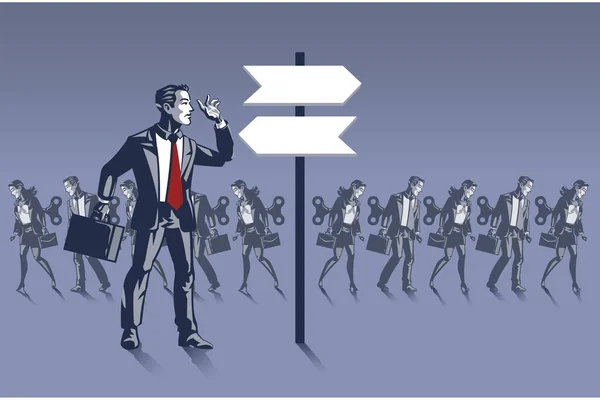 多くのロボット従業員が素直に歩く通り標識の前に立つビジネスマン ビジネスイラスト ビジネスクリティカルシンキングのコンセプト — ストック写真
