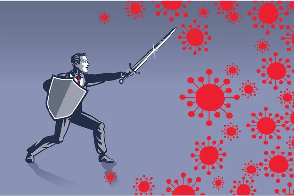 Businessman Fighting Covid 19 Virus with Sword and Shield. Business Illustration Concept of War Against Corona in Business World