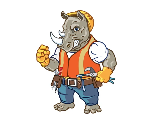 Mascotte lavoratrici arrabbiate di Rhino Construction — Vettoriale Stock