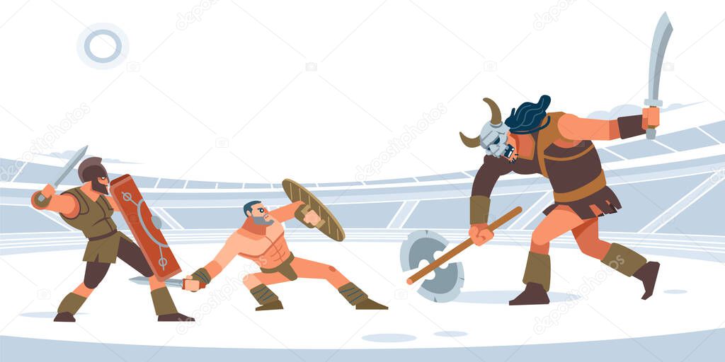 Two gladiators against the giant monster in the arena. White isolated background. Vector flat style