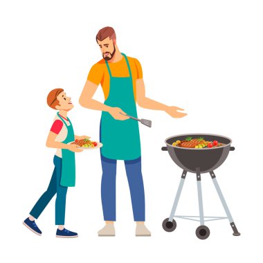 Baba ve oğul bahçede barbekü partisi veriyorlar. Mutlu bir aile yaz bahçesinde barbekü partisi veriyor. Boş zaman, aile, tatiller ve insanlar konsepti. Çizgi film vektör çizimi izole edildi