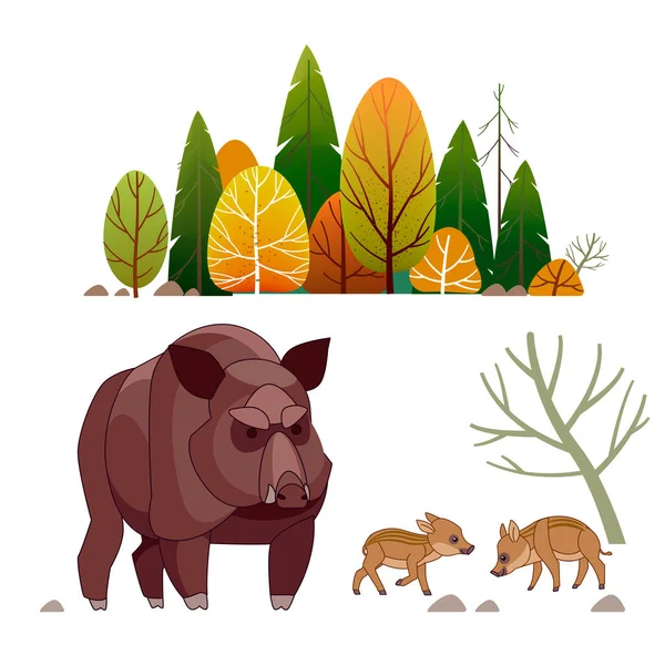 Família de javali, sus scrofa, com mãe peluda adulta e pequenos leitões pastando na natureza primavera. leitões giros amarrados juntos. Animais selvagens da floresta. Desenhos animados ilustração vetorial — Vetor de Stock