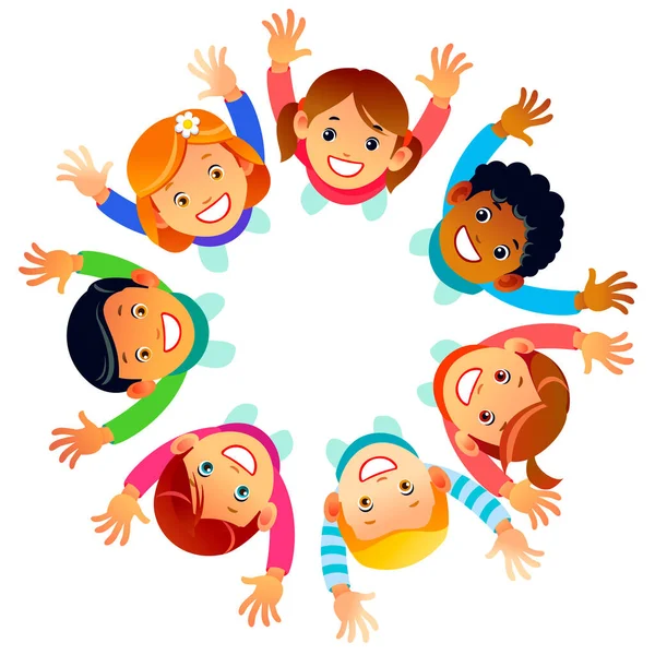 I bambini multiculturali in un cerchio nei fiori con facce felici sparano dall'alto alzando mani sopra. Buon Giorno dell'amicizia illustrazione biglietto di auguri. fumetto vettoriale illustrazione isolato sfondo — Vettoriale Stock