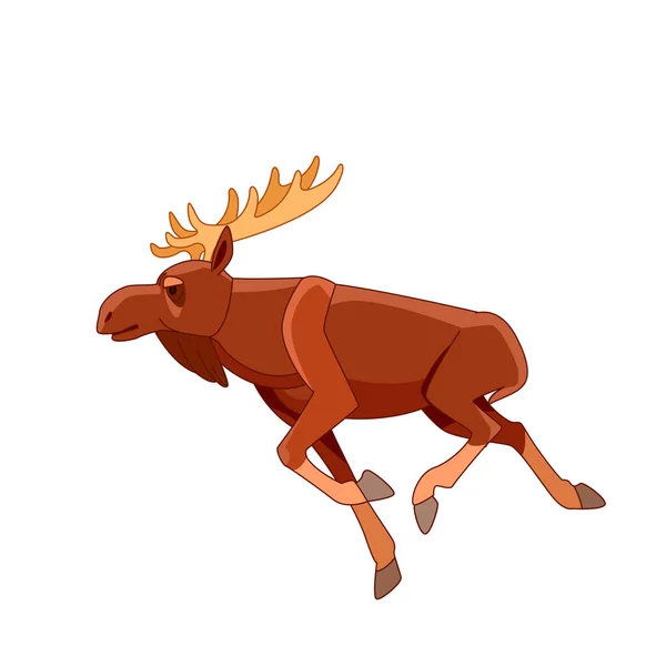 Running moose on a white isolated background. Horned Brown Elk as Herbivore Forest Animal Flat style vector Illustration — Stock Vector