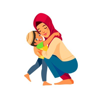Müslüman anne ve çocuk. Anne oğluna sevgiyle ve şefkatle sarılıyor. Anneler günü, tatil konsepti. Çizgi film yassı izole vektör tasarımı çizimi.
