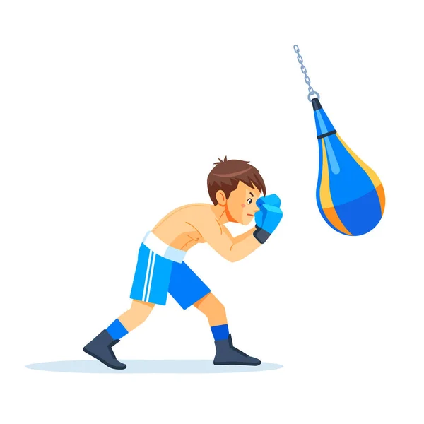 Boxeador niño con bolsas de arena Boxeo. Fitness, deporte, ejercicio, fuerza de voluntad y el concepto de estilo de vida. Ilustración vectorial de dibujos animados sobre fondo blanco. — Vector de stock