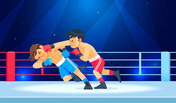 Boy fighter or boxer loses and gets hit in the face while having a knockdown or Knockout in the boxing ring. Cartoon character, flat style vector illustration — Stock Vector