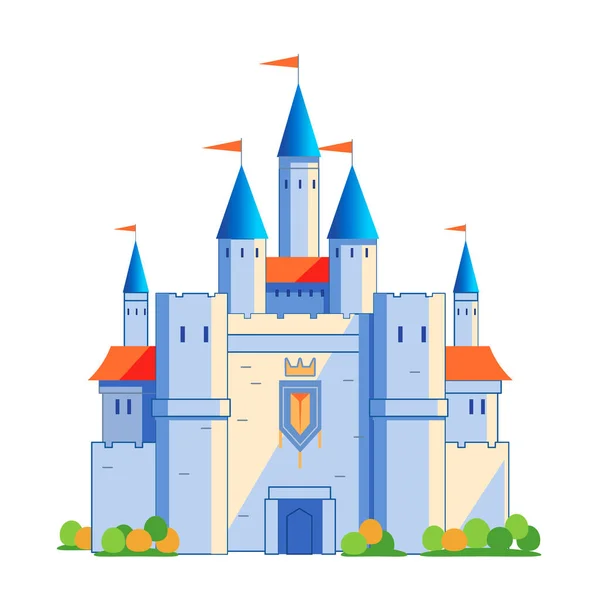 中世の天守閣。妖精の尾、王の要塞城とゲートと要塞宮殿。白い背景に孤立した漫画のベクトルイラスト. — ストックベクタ