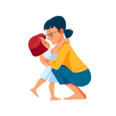 Evinde annesini selamlayan tatlı küçük bir kız. Anneler Günü konsepti. Ebeveyn ve çocuk. Anne kızını sevgiyle ve şefkatle kucaklıyor. Çizgi film yassı izole vektör tasarımı