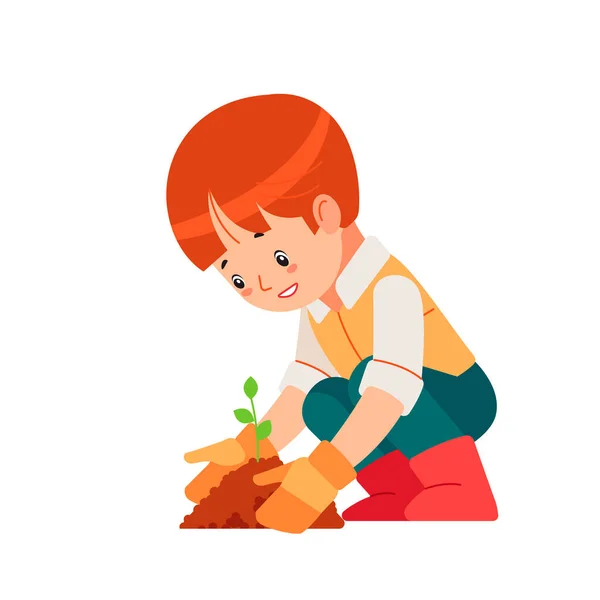 Chlapec se věnoval zahradničení na dvorku. Montessori rostlina rostoucí vzdělávací aktivity a vzdělávání přírody pro předškolní dítě. Vzdělávání Eco koncept. Organické zahradničení. Kreslený vektorový obrázek — Stockový vektor