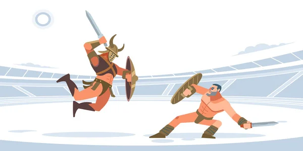 Guerriers spartiates combattant dans l'arène des gladiateurs. Combat glaciaire. Thrace contre Spartacus. Illustration vectorielle isolée. Style de dessin animé plat — Image vectorielle