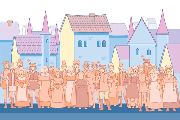 Fabuloso fundo com pessoas da multidão medieval e cidade medieval. Rua da cidade velha com casas. Ilustração vetorial em estilo cartoon —  Vetores de Stock