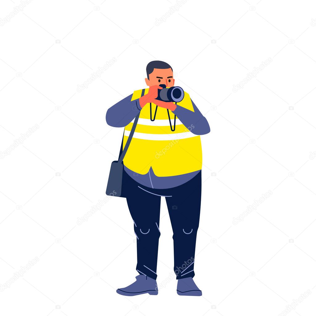 Photojournalist, cameraman documenting war and conflict, street riots. Character Journalist photographer making pictures. Cartoon flat style design vector illustration isolated on white background