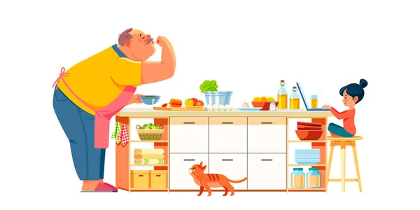 Happy family grandfather and granddaughter child cook in the kitchen. Child using laptop while preparing. Senior funny elder man happy at home. People activity in family. Cartoon vector illustration — Stock Vector