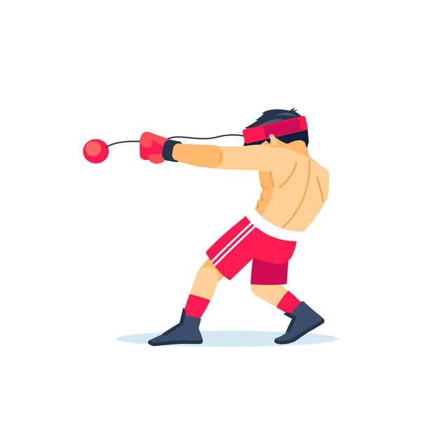 Boxer boy entrenando con un expansor Fight ball Boy lanzando un puñetazo feroz y poderoso. Equipo de entrenamiento especial en la cabeza. Vista trasera. Vector ilustrado de niño boxeador aislado en blanco. — Archivo Imágenes Vectoriales