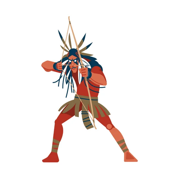 Hombre guerrero indio nativo americano disparando un arco, miembro de la tribu en ropa étnica tradicional y diadema con pluma. Dibujos animados, ilustración vectorial plana aislada en fondo blanco — Vector de stock