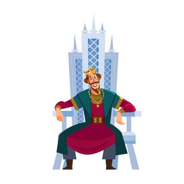 Boldog mosolygó király karakter ül a trónon. Vektor lapos rajzfilm illusztráció. — Stock Vector