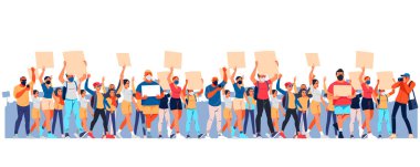 Bir gösteride bir sürü insan var. Kızgın bir erkek ve kadın, ellerinde pankartlarla protesto ediyorlar. Protestocu, politik mitinglerde, geçit törenlerinde ya da mitinglerde saldırgan bir kişidir. Vektör düz resimleme.