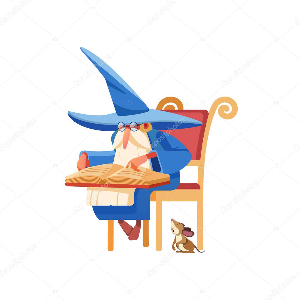 Wizard reading a spell book. Old medieval magician character studying an old book on a chair. The alchemist sits next to a faithful friend mouse. Fantasy magician, warlock, sorcerer. Cartoon vector.