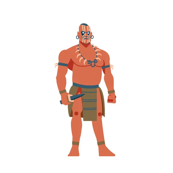 Guerrero de Sudamérica, Maya, Azteca o Inca. Un fuerte guerrero aborigen con un cuchillo Dibujos animados, ilustración vectorial plana aislada en fondo blanco — Vector de stock