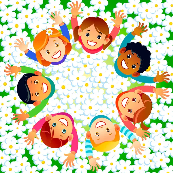 I bambini multiculturali in un cerchio nei fiori con facce felici sparano dall'alto alzando mani sopra. Buon Giorno dell'amicizia illustrazione biglietto di auguri. Illustrazione vettoriale cartone animato — Vettoriale Stock