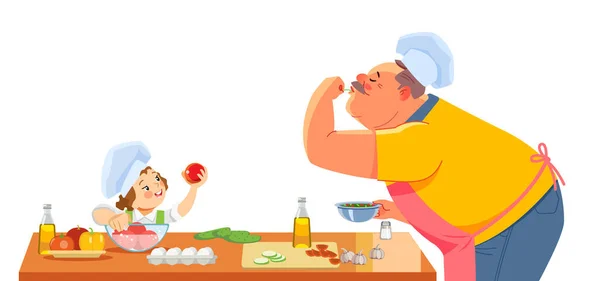 Grandfather and grandchild prepare a salad. A happy family cooks together in the kitchen. Home and cooking at the weekend. Cartoon vector illustration isolated on a white background — Stock Vector