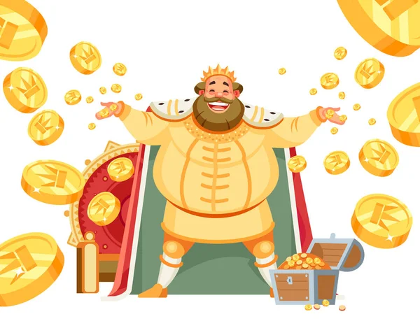 Radostný král s širokým úsměvem oslavuje štěstí, vrhá zlato, poklady. Koncept bohatství. Poklad zlatého bohatství se zářivými jiskry, mince roztroušené v různých směrech. Vektorový animovaný — Stockový vektor