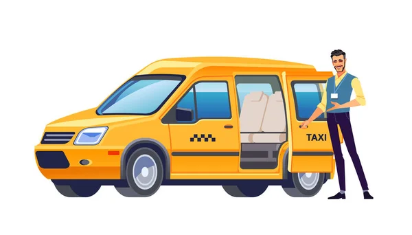 Taxikář otevře dveře svého auta a zve cestující. Žlutý taxík. Nabídka taxi služeb. Uvítací gesto. Obchodní vektorové ilustrace, plochý design, kreslený styl. Izolované pozadí — Stockový vektor