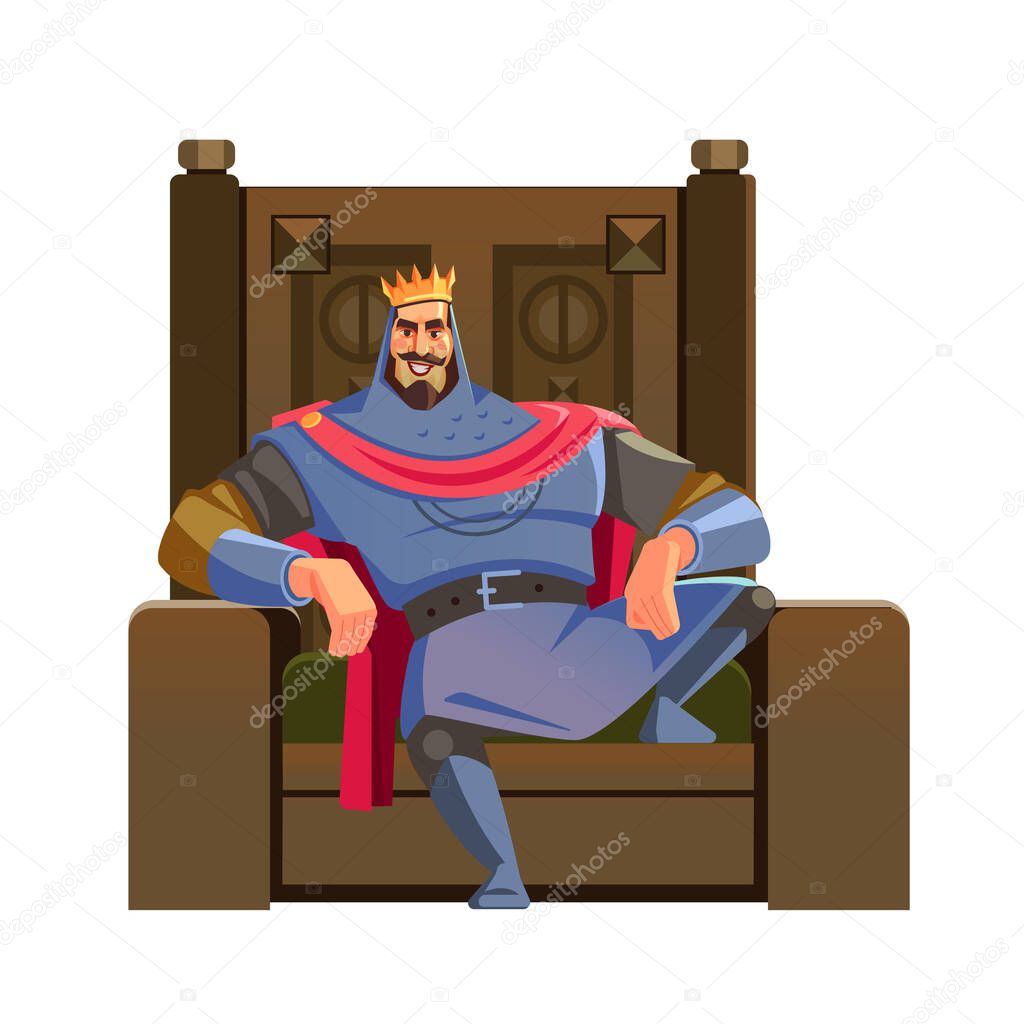 Cartoon King. Majesty happy king character on the throne, wearing crown and mantle, cartoon vector illustration isolated in white background