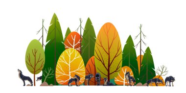 Ormanda kurt sürüsü. Timber kurtları avlanır. Peyzaj, Yeşil Ağaçlar Parkı, Sokaklar ve Yapraklar Yazın hayvanlarla. Ağaçlar ve çalılar. Çizgi film vektör çizimi beyaz arkaplanda izole edildi