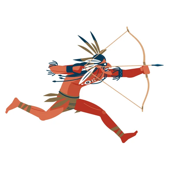 Archer, Maori krijger valt op de vlucht met een boog. Indiaanse krijger met strik. Cartoon, platte vector illustratie geïsoleerd in witte achtergrond — Stockvector