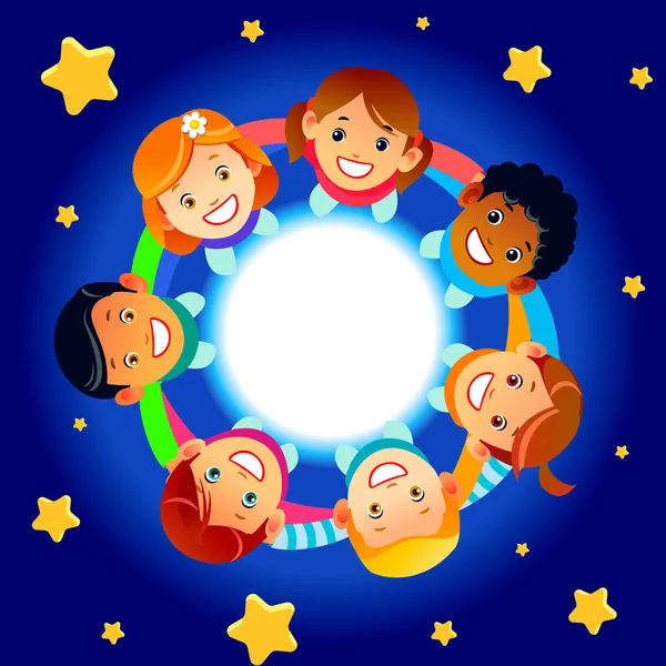 Šťastné děti se drží za ruce a tančí v kruhu. Roztomilí chlapci a dívky se baví na pozadí hvězd. Kreslený vektorový obrázek — Stockový vektor