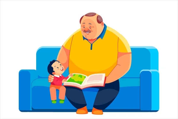 Nonno e nipote si siedono sul divano e leggono un libro insieme. Happy Fathers Day cartolina, relazioni tra concetto di famiglia Cartoon vector illustrazione isolata su sfondo bianco — Vettoriale Stock