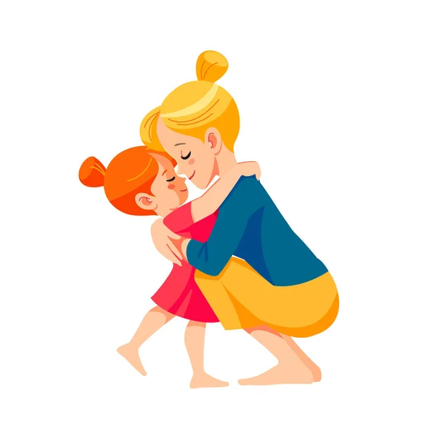 Mãe e filho. Mãe Europeia abraçando sua filha com muito amor e ternura. Dia das mães, conceito de férias. Desenhos animados projeto vetorial isolado plana —  Vetores de Stock