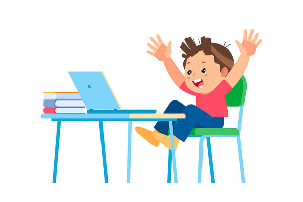 Joyful kid playing games on laptop. Stay home concept. Boy using laptop for Online education at home for quarantine. Child smile using internet technology for e-learning. Cartoon vector illustration