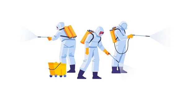 Disinfecting workers wear protective masks and spacesuits against pandemic coronavirus or covid-19 sprays. COVID-19 Coronavirus disinfect. Cartoon style vector illustration isolated background — Stock Vector
